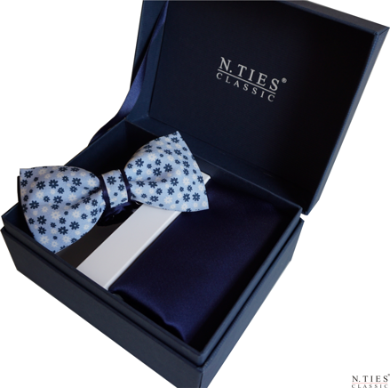 Set motýlek s kapesníčkem - Floral blue sky