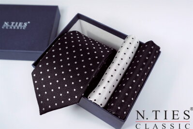 Hedvábný kravatový set - černá, Black/White Dot