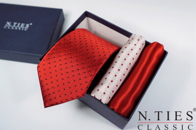 Hedvábný kravatový set - červená, Red Mini Dot